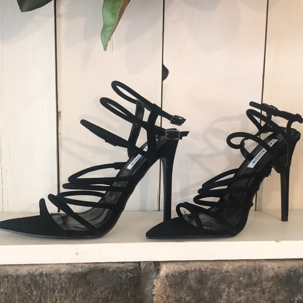 Black Strappy Suede Ankle Strap Pointed Toe Heels 7